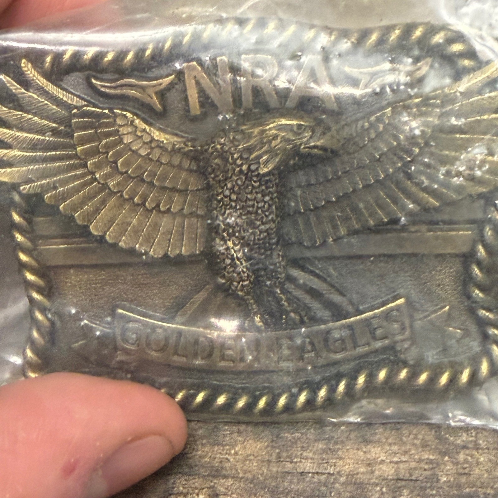 NRA Golden Eagles Belt Buckle Brass Tone Eagle Made in USA New in Bag, Vintage