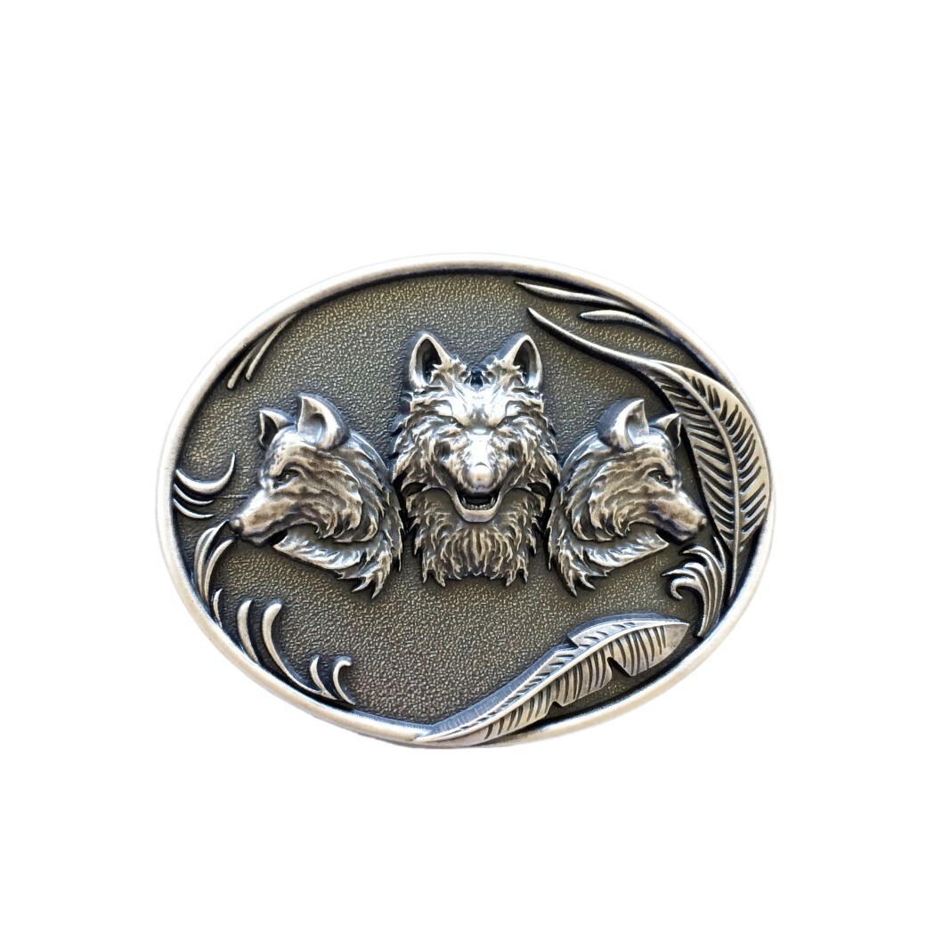 Vintage Silver Plated Western Wolves Oval Belt Buckle Gurtelschnalle