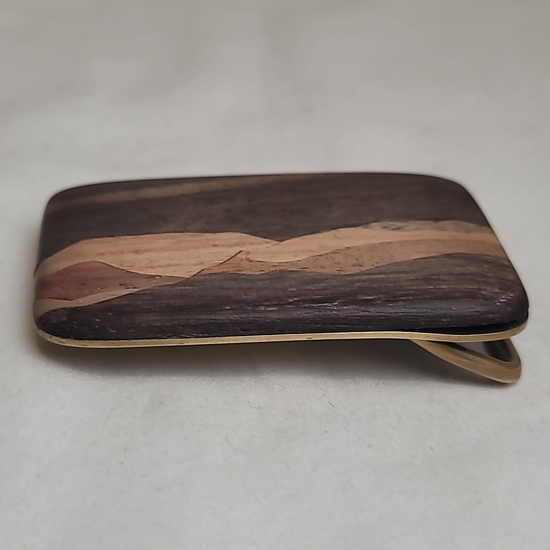 Terry L Evans Signed Inlaid Wood & Brass Belt Buckle Mountain Lanscape Scene VTG