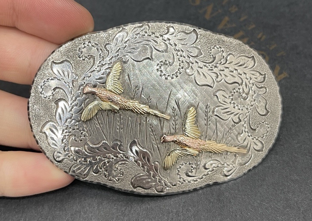 BHJ Co Sterling 10k Multi Color Black Hills Belt Buckle Hand Engraved Pheasants