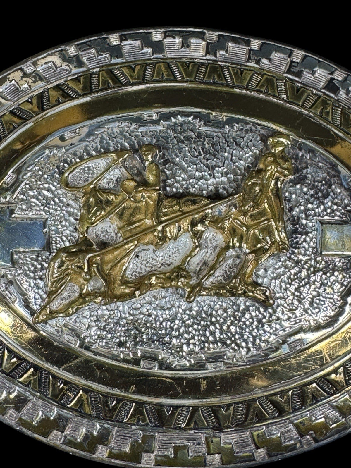 Vintage Crumrine Western Rodeo Team Roping Oval Belt Buckle Heavy Silver Bronze