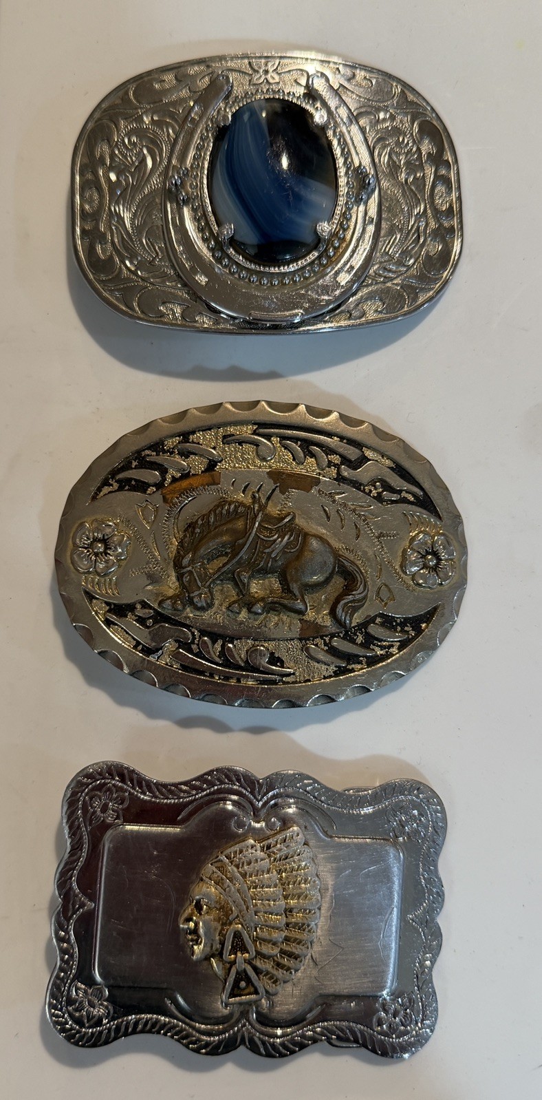Lot of 3 Vintage Western Belt Buckles Horse, Native American, Blue Stone