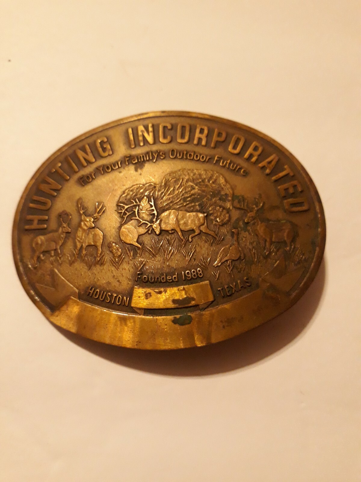 Hunting Incorporated Brass Belt Buckle Houston Deer Family Outdoor Future 1988