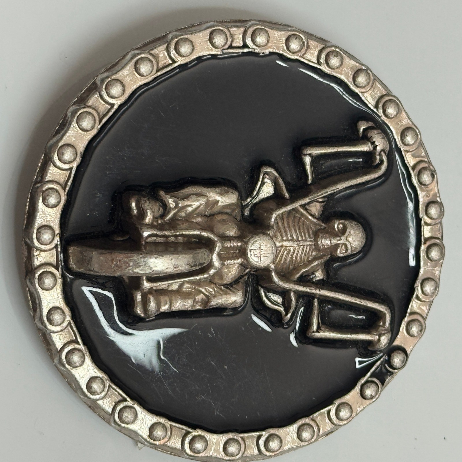 Skeleton Rider Motorcycle Belt Buckle Silver Tone Black Metal Round