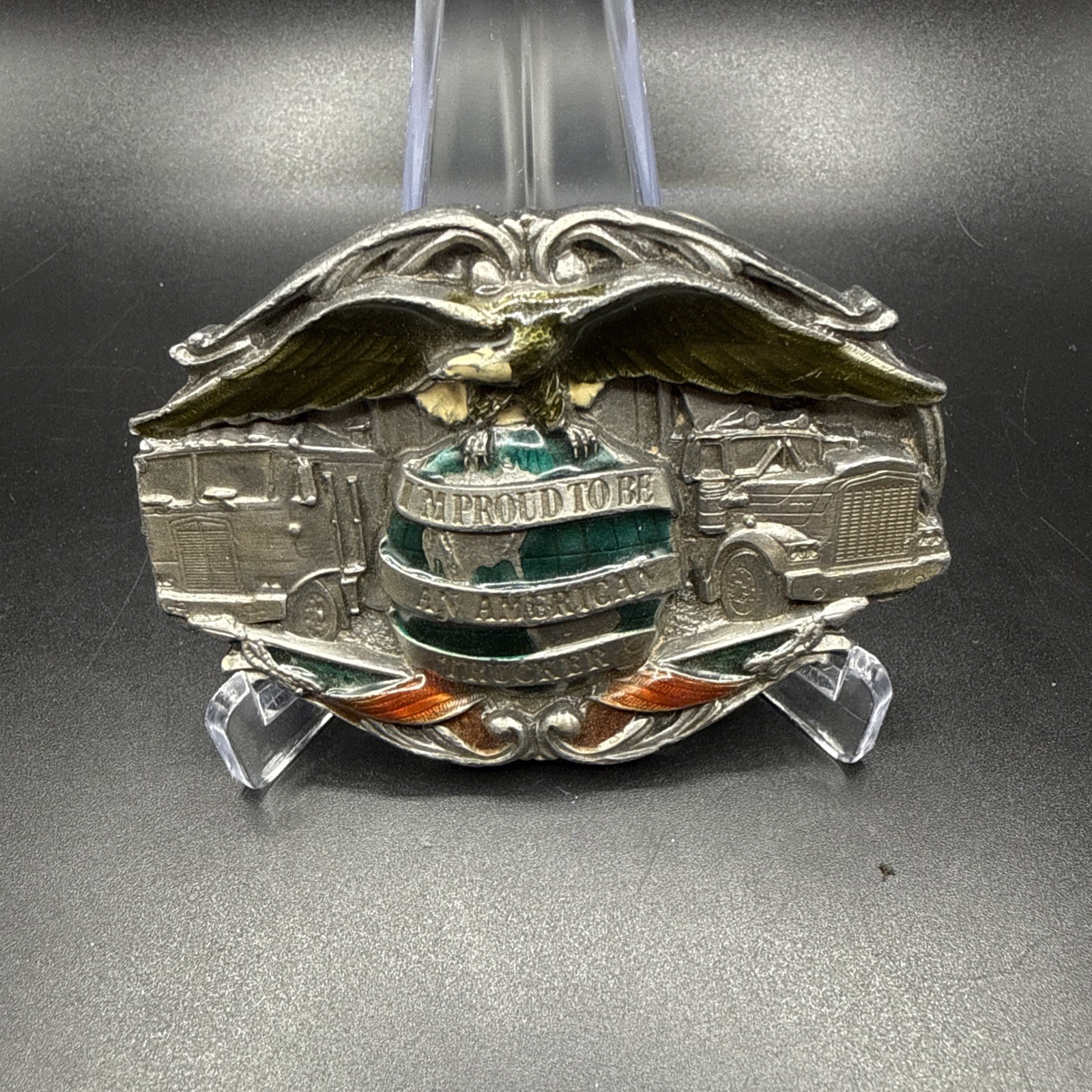 1988 Bergamot Brass Works I&rsquo;m Proud to be an American Trucker Belt Buckle USA