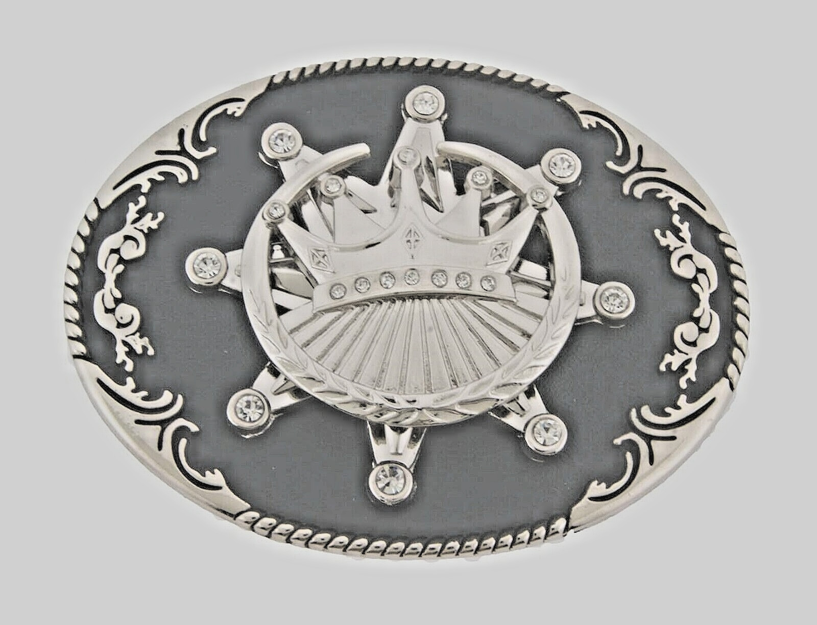 Crown Belt Buckle Vintage Spinner Silver Black Metal Western Rodeo Men Women