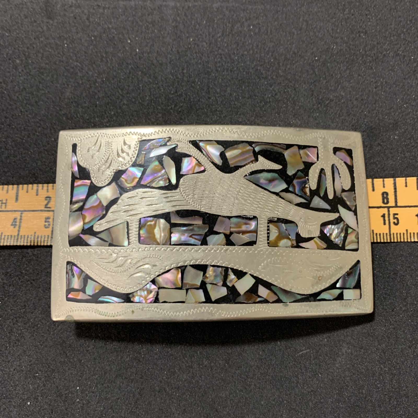 Western Belt Buckle with Roadrunner Bird Abalone Shell Southwest Cactus Inlaid