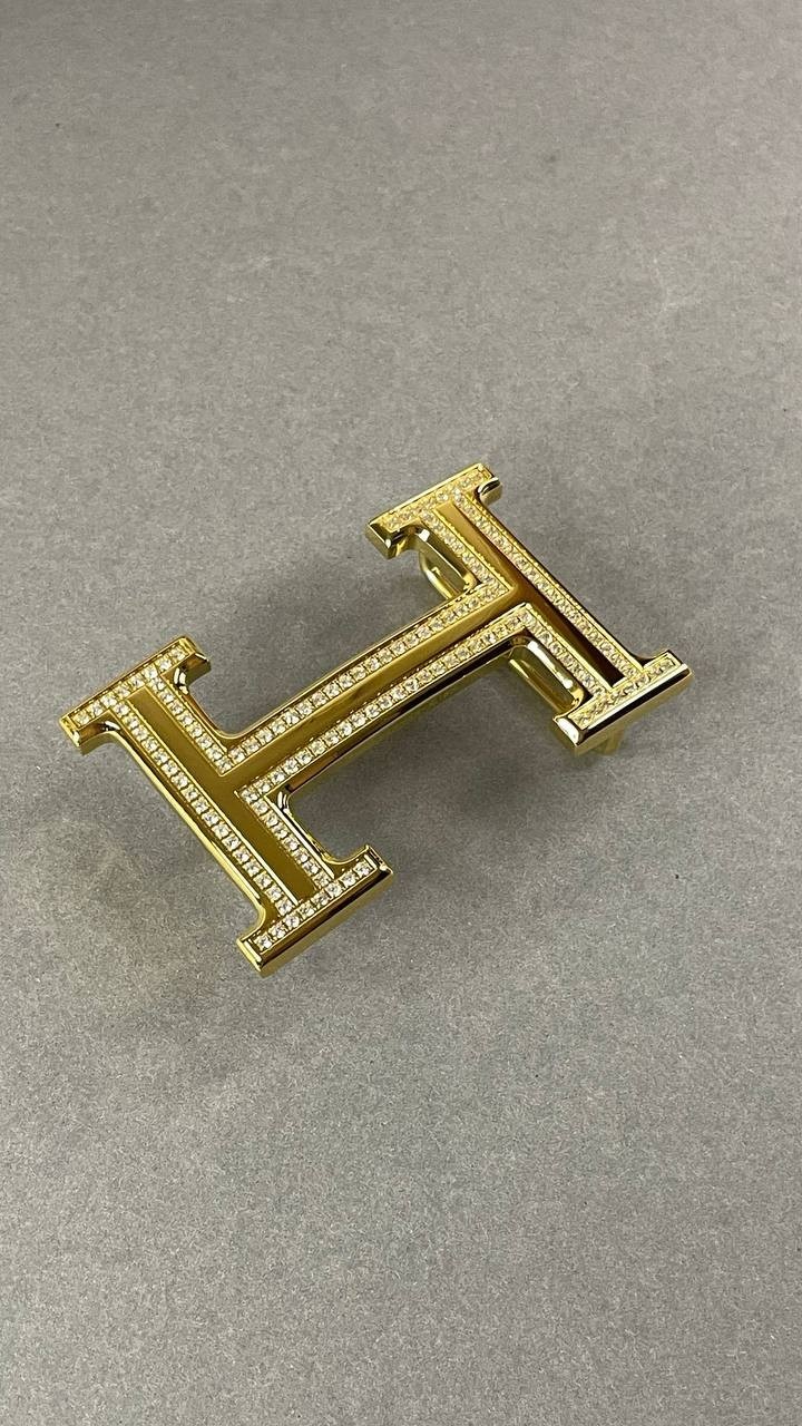 Gold Crystal H Belt Buckle Rhinestone Pavé Statement Buckle Heavy Metal Hardware
