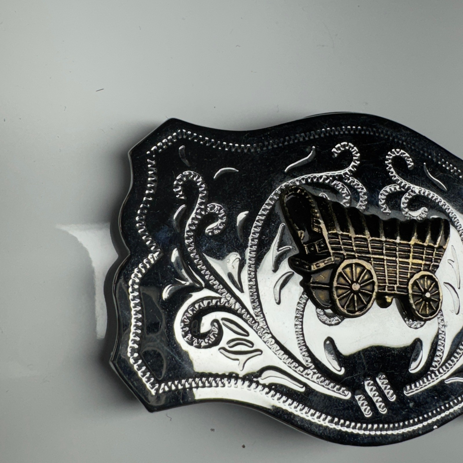 Western Covered Wagon Belt Buckle Ornate Silver Tone Western Style