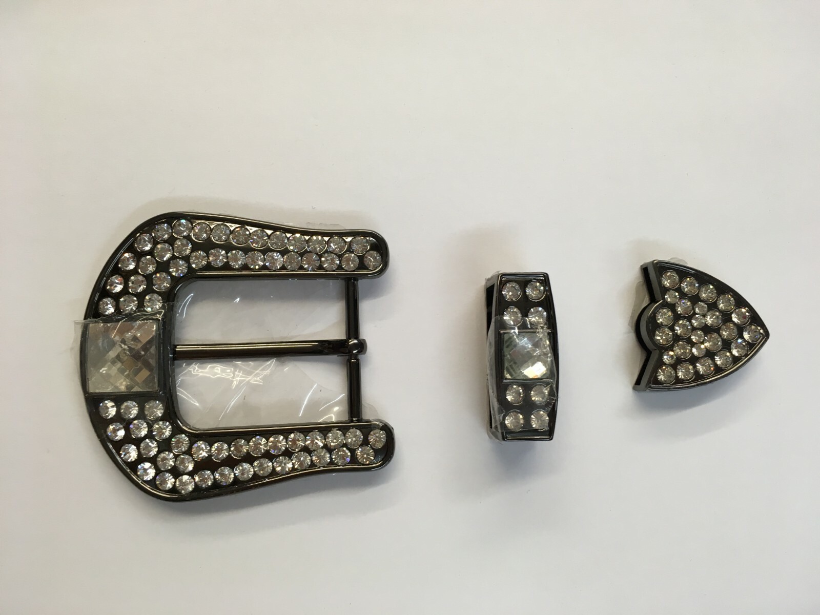 3 Piece Set Handmade Clear Crystal Studs Fancy Belt Buckle