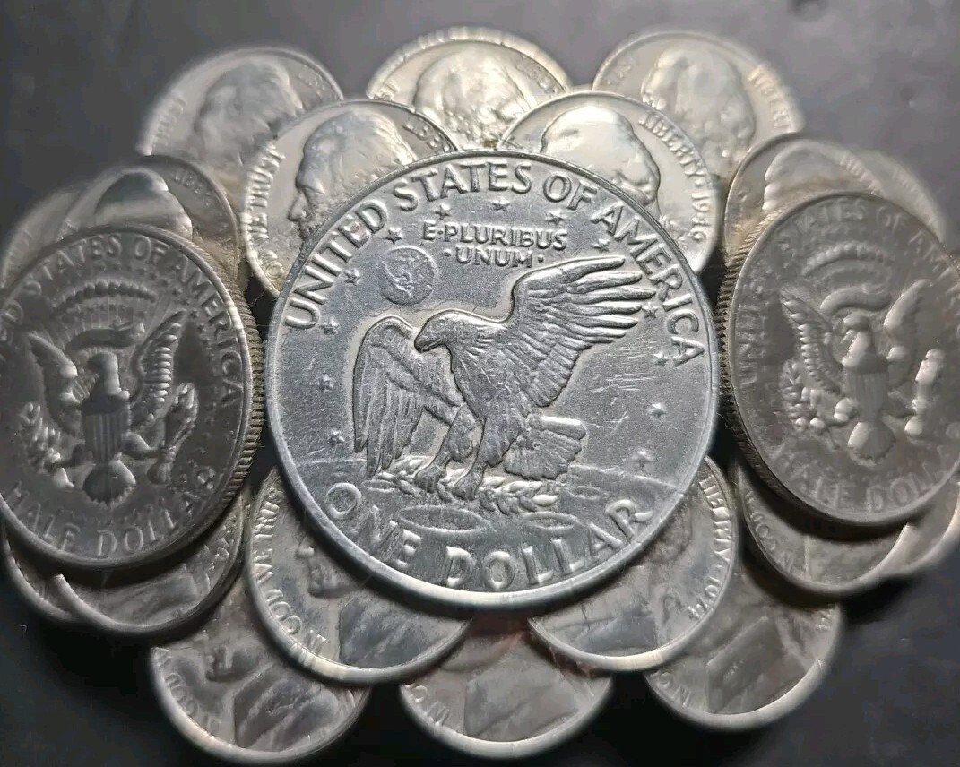 Eisenhower Dollar KENNEDY HALF DOLLARS COIN + NICKELS BELT BUCKLE HEAVY 4.5 In.