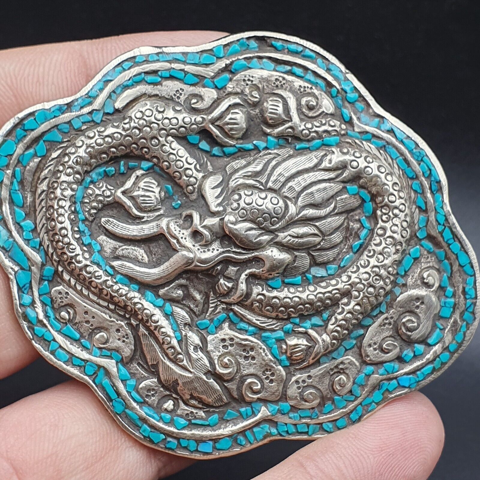 AA BIG MEN&rsquo;S VINTAGE Natural Turquoise Metal Silver Gild Engrave Dragon Belt