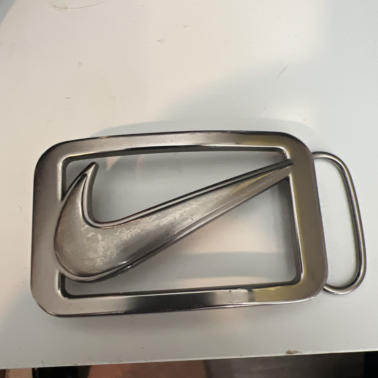 Nike Swoosh Silver Colored Belt Buckle Sz 2&Prime; x 3.5&Prime; Plate Style with Logo Cutout