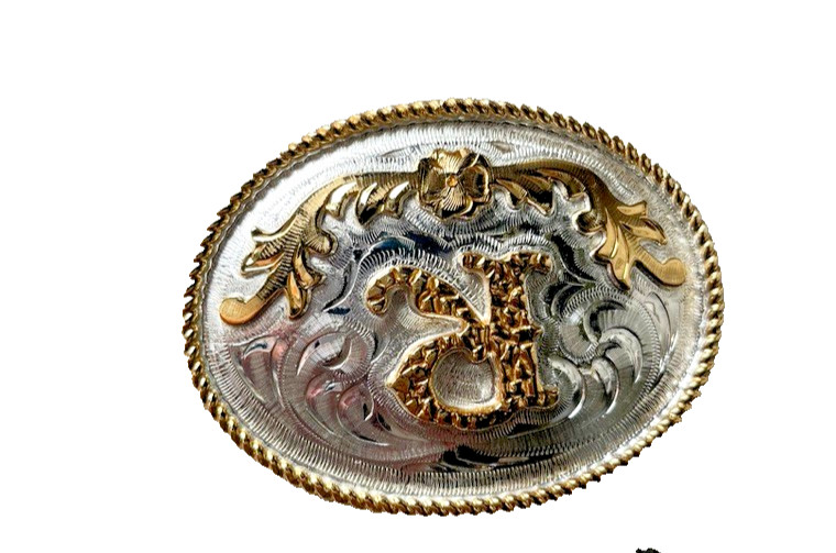 Western Initial Belt Buckle 3.5 x 2 5/8 in Oval R Silver Engraved Gold 1.75
