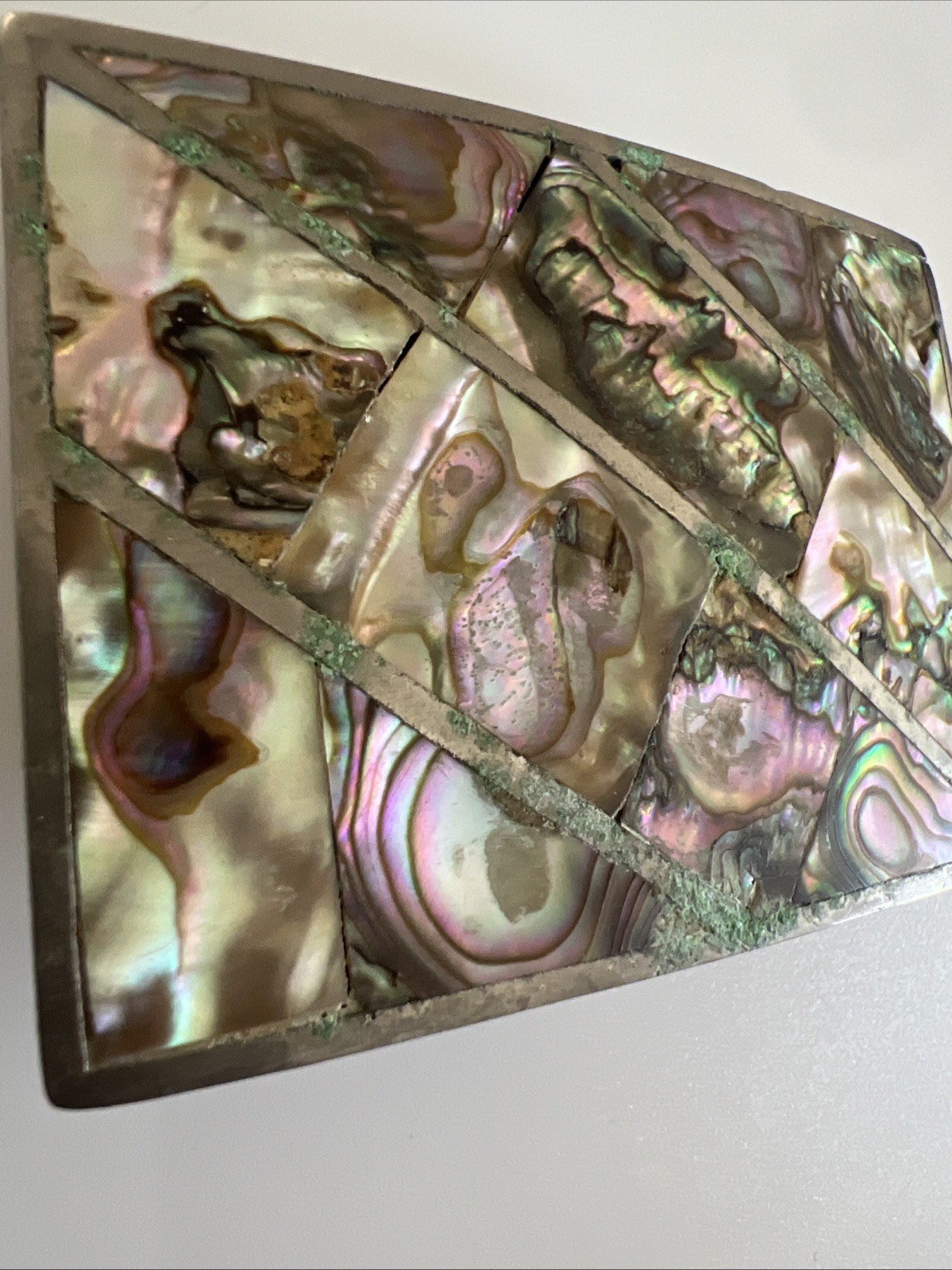 Vintage Abalone Shell Mother of Pearl Silver Tone Rectangular Belt Buckle