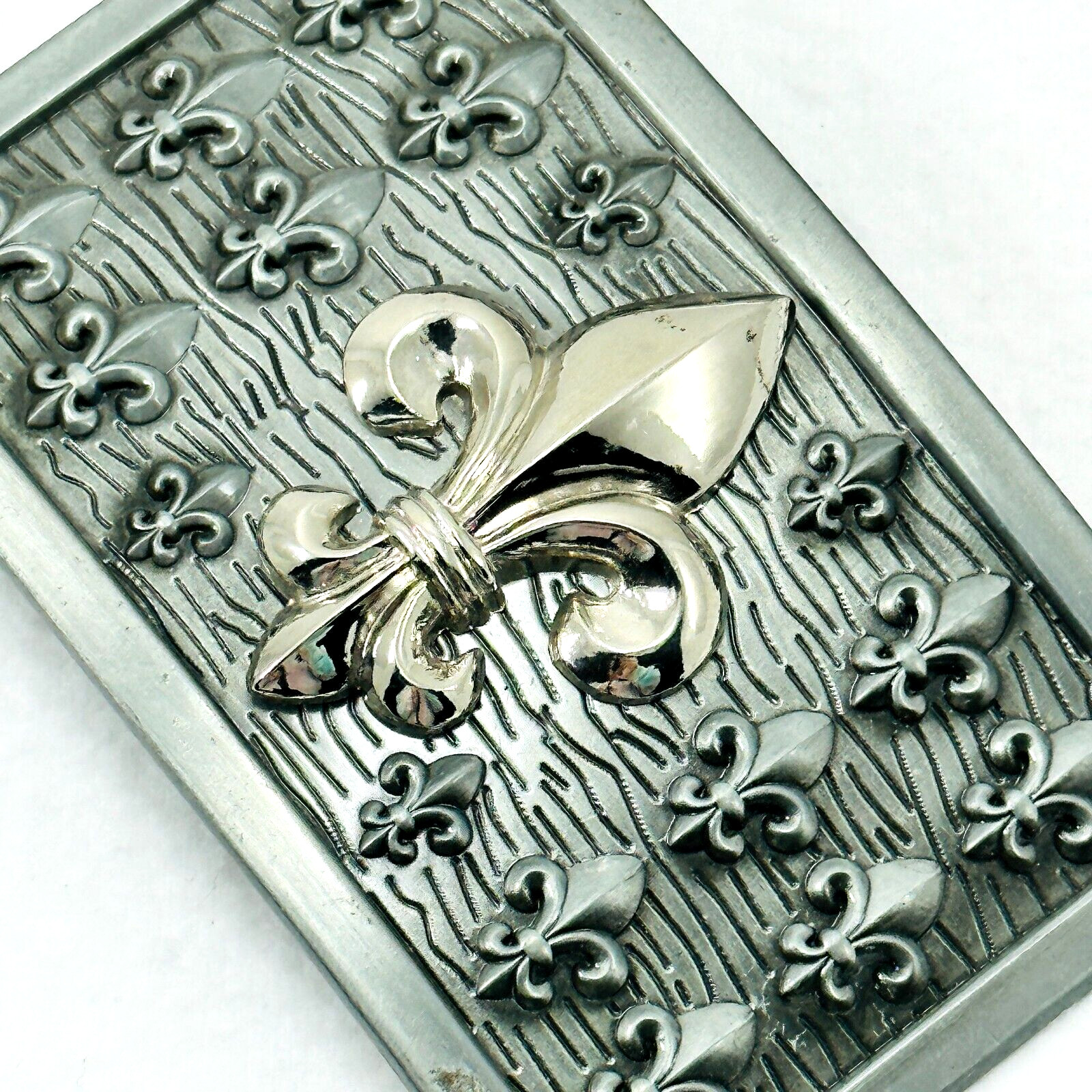 Belt Buckle Gold Tone Fleur De Lie Emblem on Silver Tone Rectangular