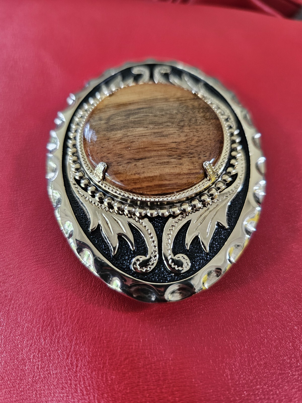 Brown Stone Goldtone Floral Etched Metal Belt Buckle Accessory