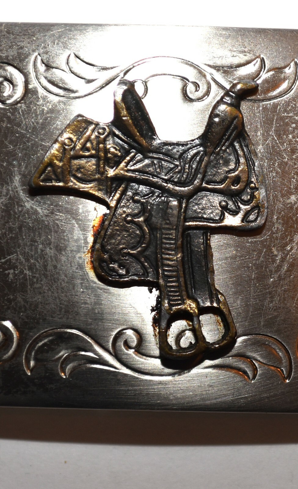 Vintage Western Saddle 3 Dimensional on Floral Silver Tone Belt Buckle USA