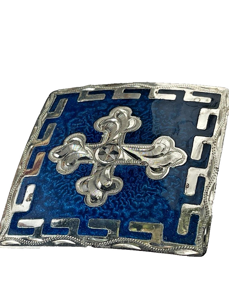 Western Mens Belt Buckle 3.25 x 3 in Southern Cross Cowboy Blue Silver 1.5