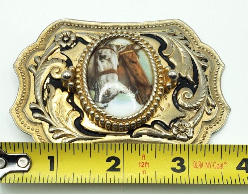 Vintage Two Horse Head Cameo Belt Buckle Equestrian Racing