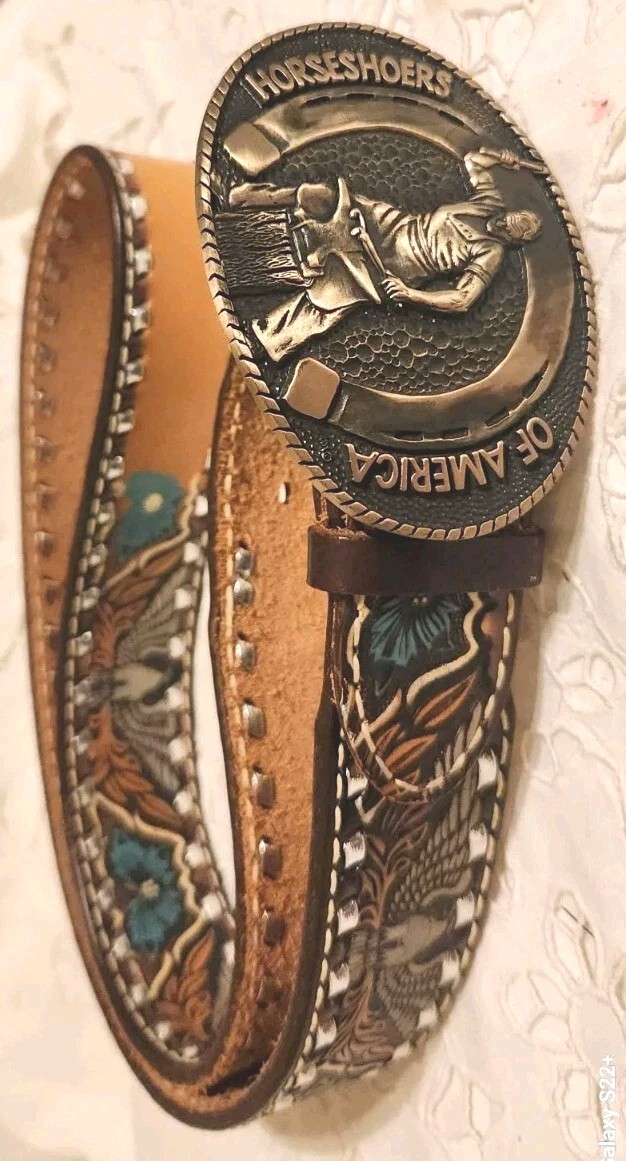 HORSESHOERS AMERICA AWARD DESIGN SOLID BRASS BUCKLE W/ LEATHER WILSON BELT SZ40