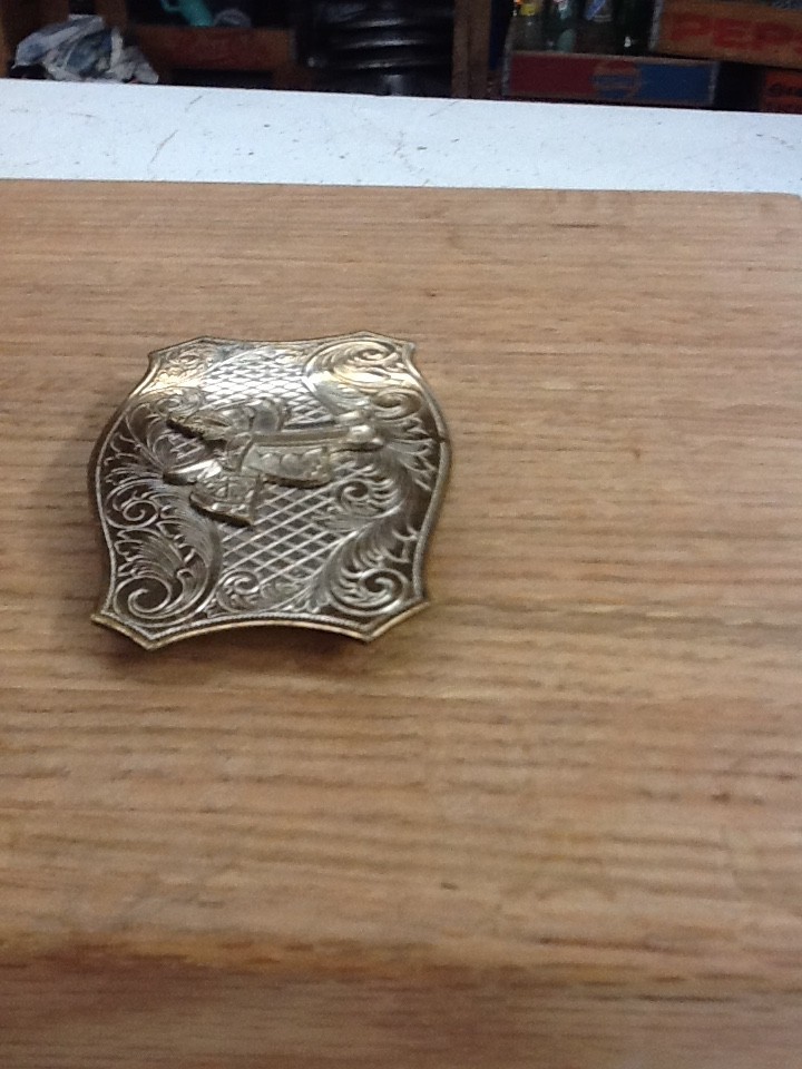 Vintage Western Horse Saddle Belt Buckle Solid Brass Engraved Floral Gold Tone