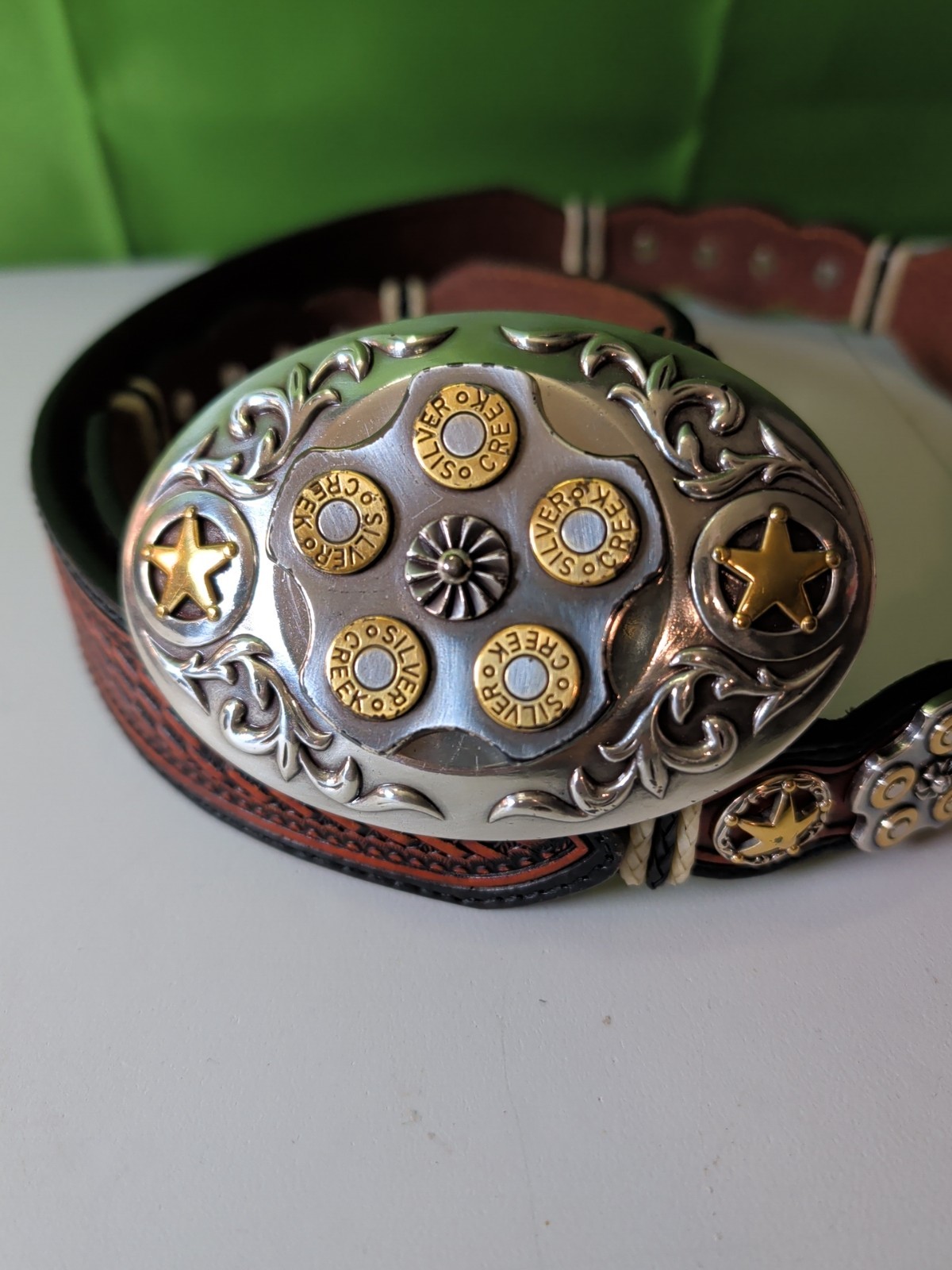 leather belt Brown Silver Creek Classics and Belt Buckle cowboy Western size 38