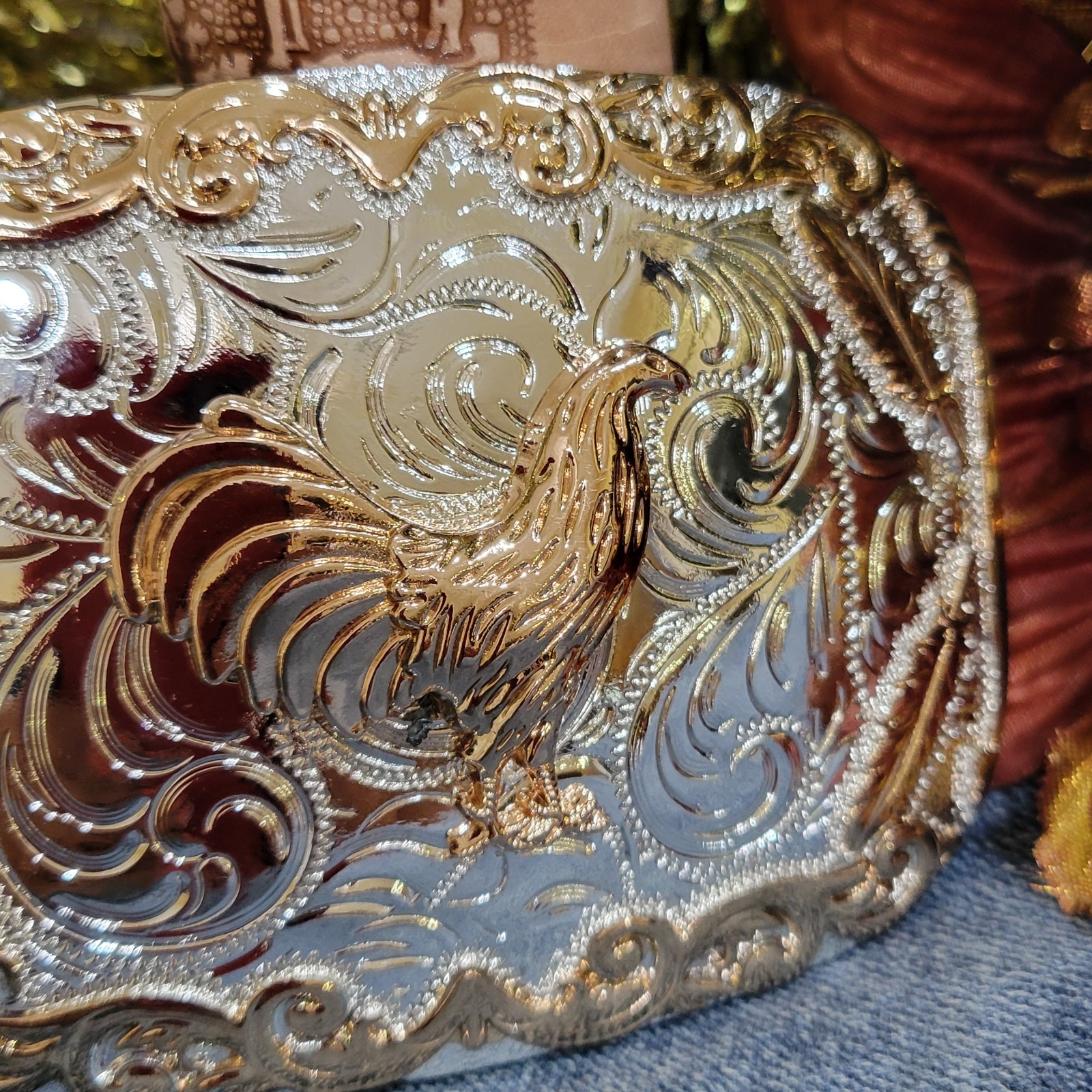 Rooster Cowboy Belt Buckle Western HebillaSilver & Rosetone 4×3.5 Inch