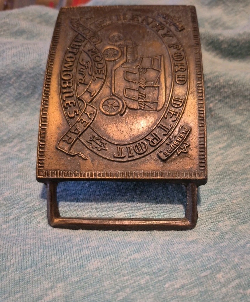 Vintage Henry Ford Detroit Belt Buckle w Model T Record Year Business & Pleasure