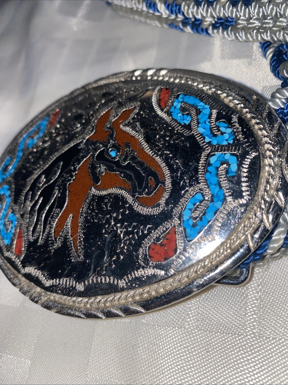 Native American Western Silver Belt Buckle Turquoise Inlay/woven Belt Waist 44”