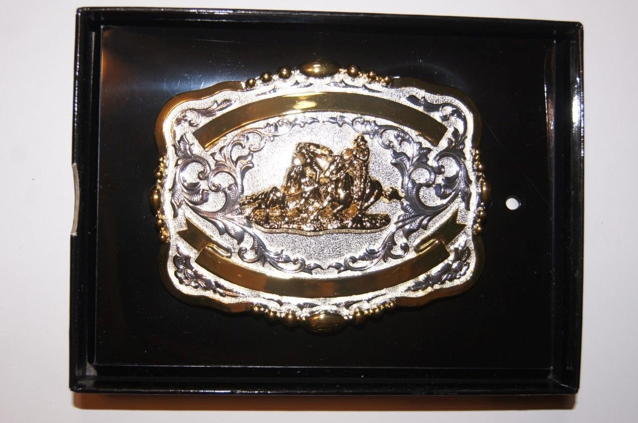 Lightning Ridge Crumrine Western Belt Buckle Trophy Team Roper 2 Ribbons 38568