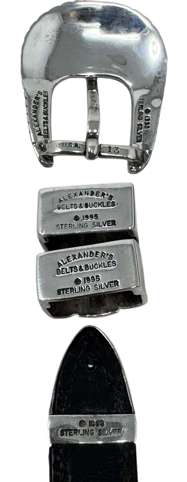 Alexander’s Sterling Silver 4-Piece Belt Buckle Set w/Black Alligator Belt Sz 42