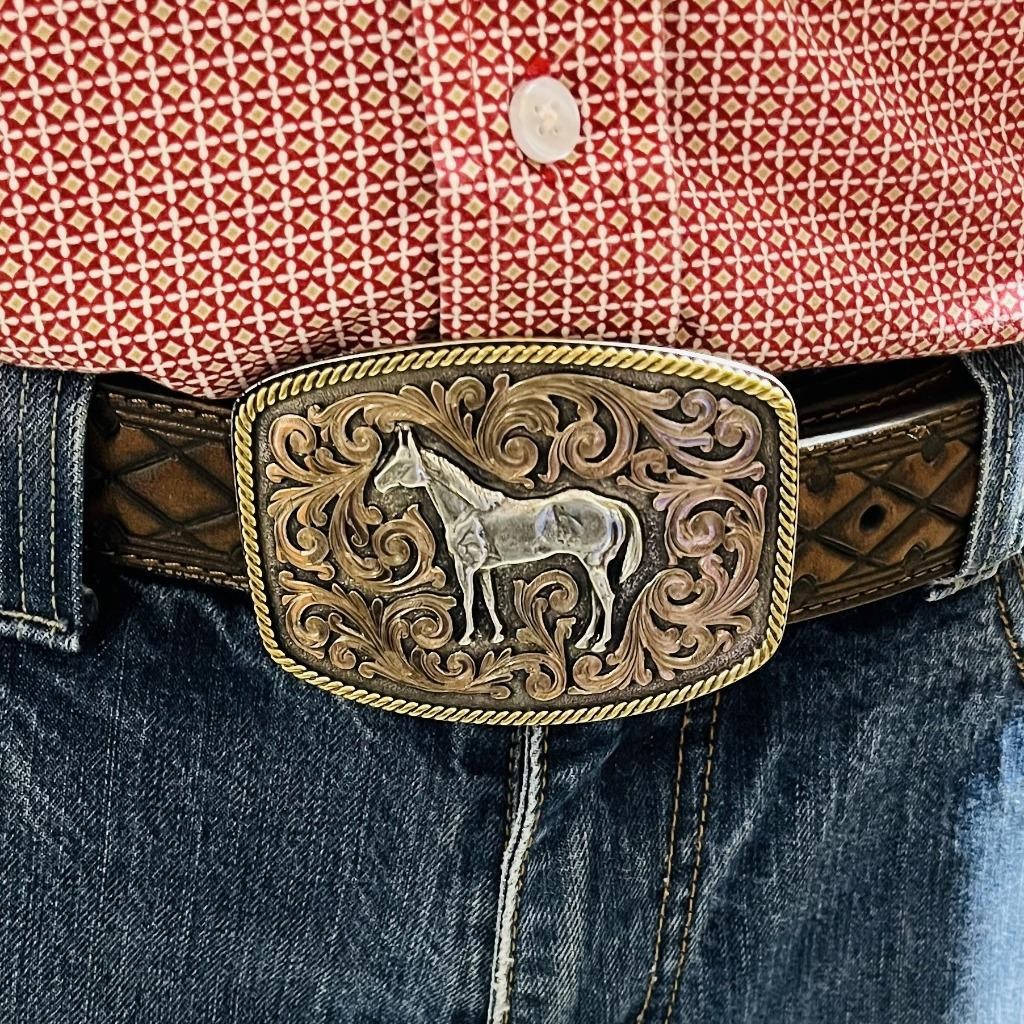 Montana Silversmiths Attitude Tri-Color Horse Rope Edge Western Belt Buckle