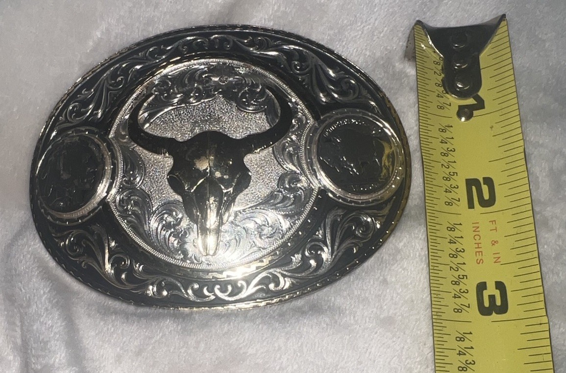 Montana Silversmiths Two-Tone Buffalo Nickel Belt Buckle Steer Head Skull Rodeo