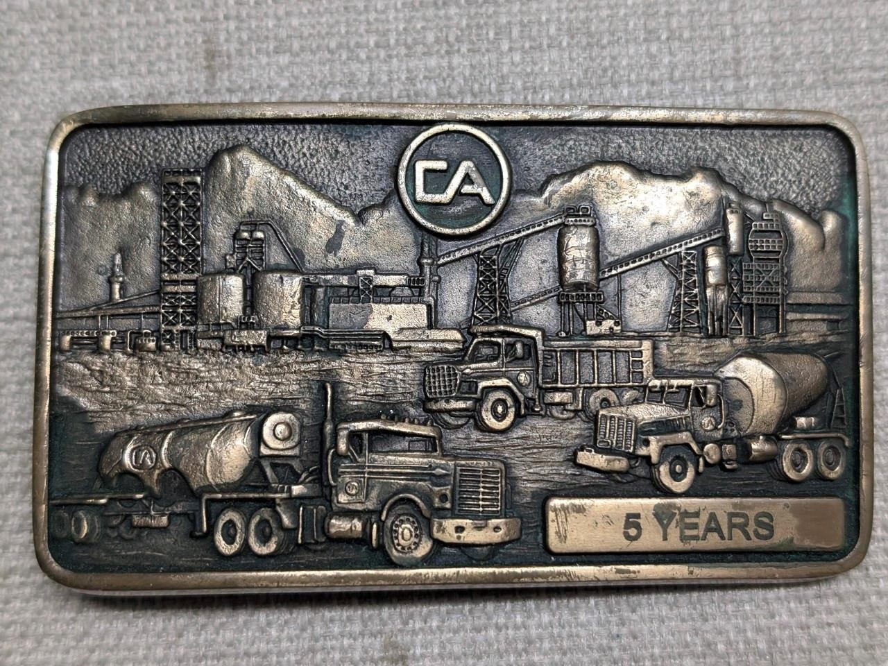 vintage CA belt buckle OIL REFINERY drilling rig SOLID BRASS western 1981