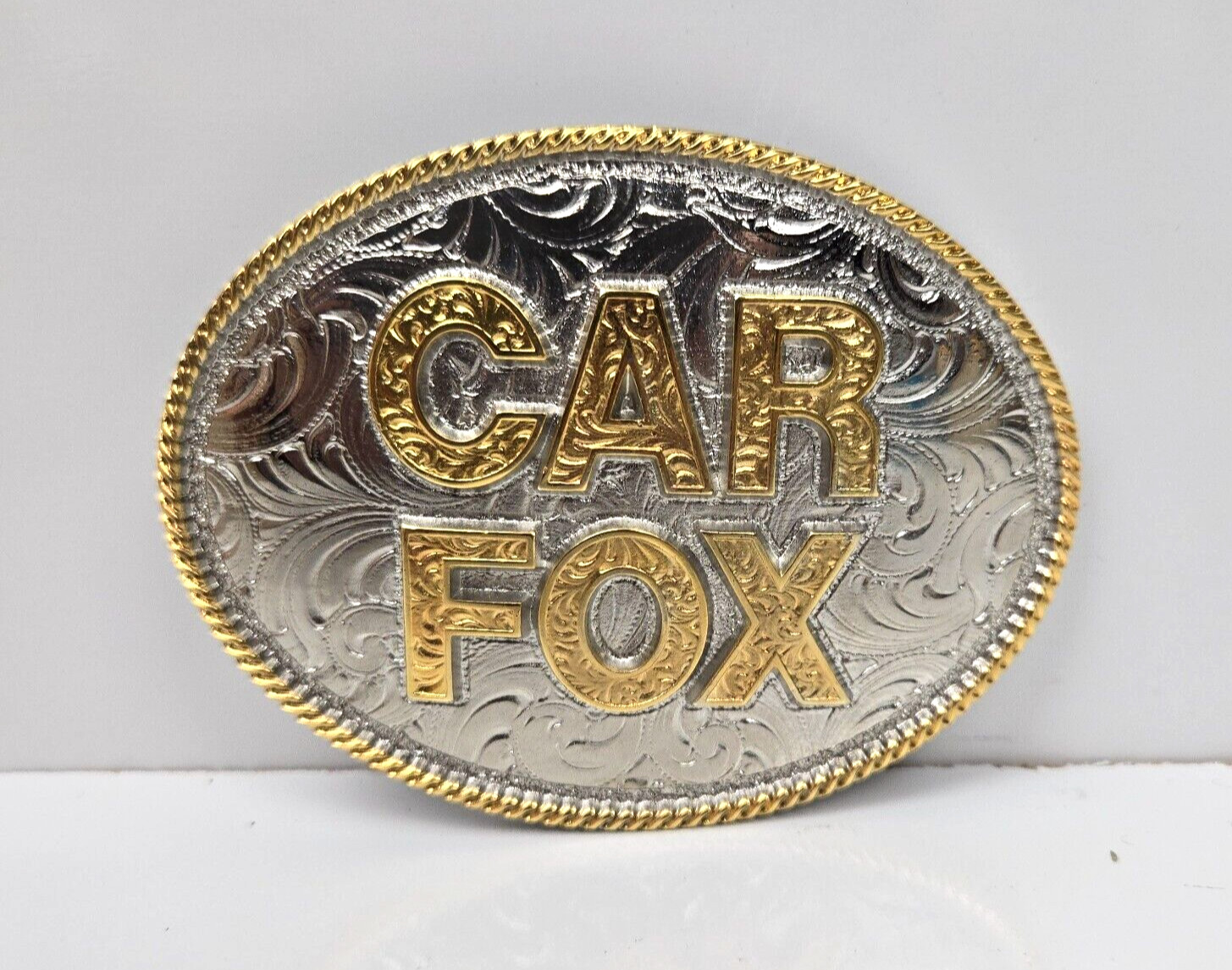 Montana Silversmiths Belt Buckle Car Fox Custom Oval Engraved Filigree Design 4&Prime;
