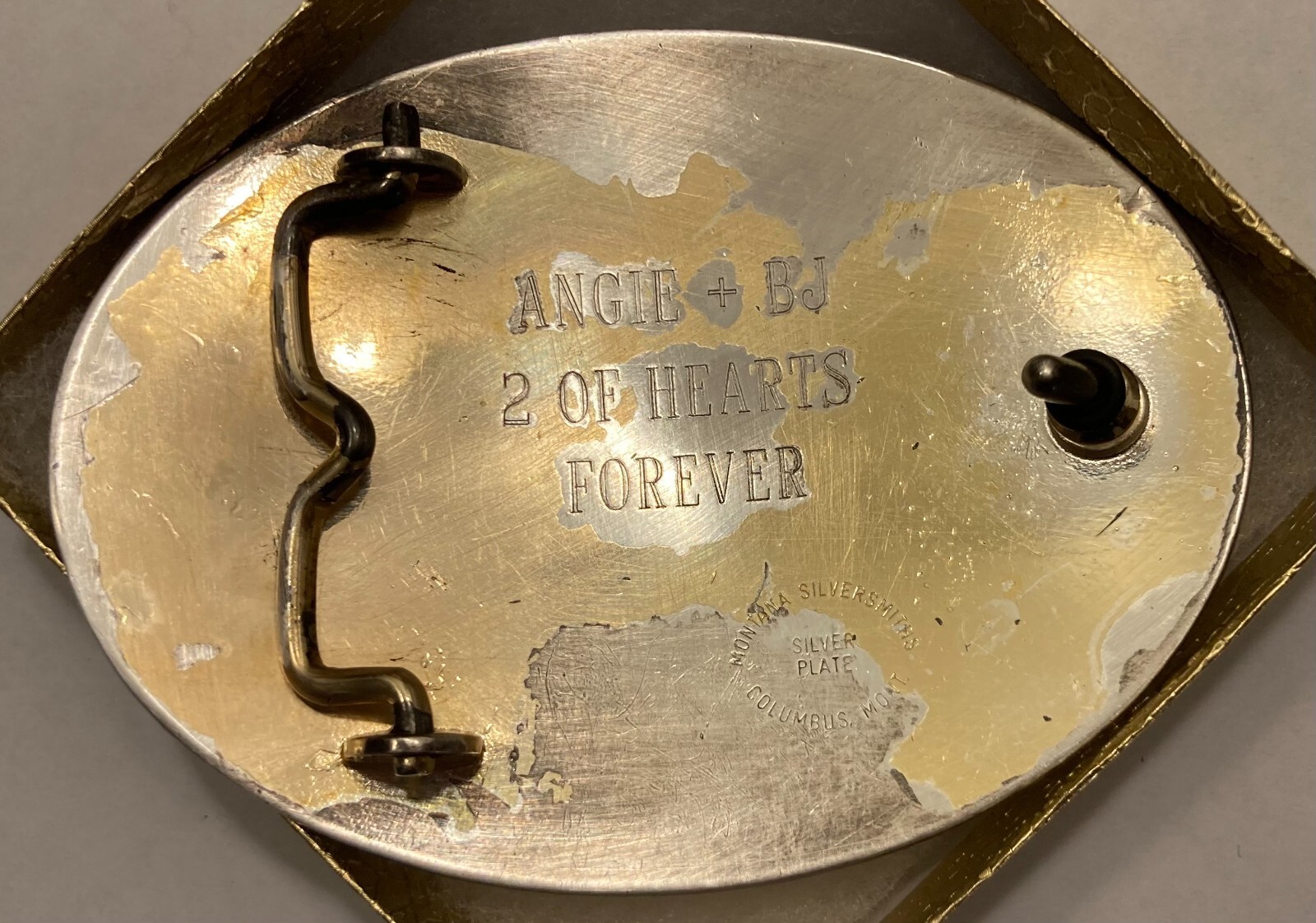 Vintage Metal Belt Buckle, Silver and Brass, Angie and BJ, 2 of Hearts Forever