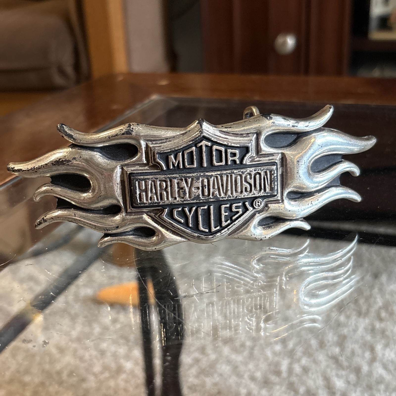 Vintage Y2K Belt Buckle HARLEY DAVIDSON Motorcycle FLAMES Chrome Metal Hd