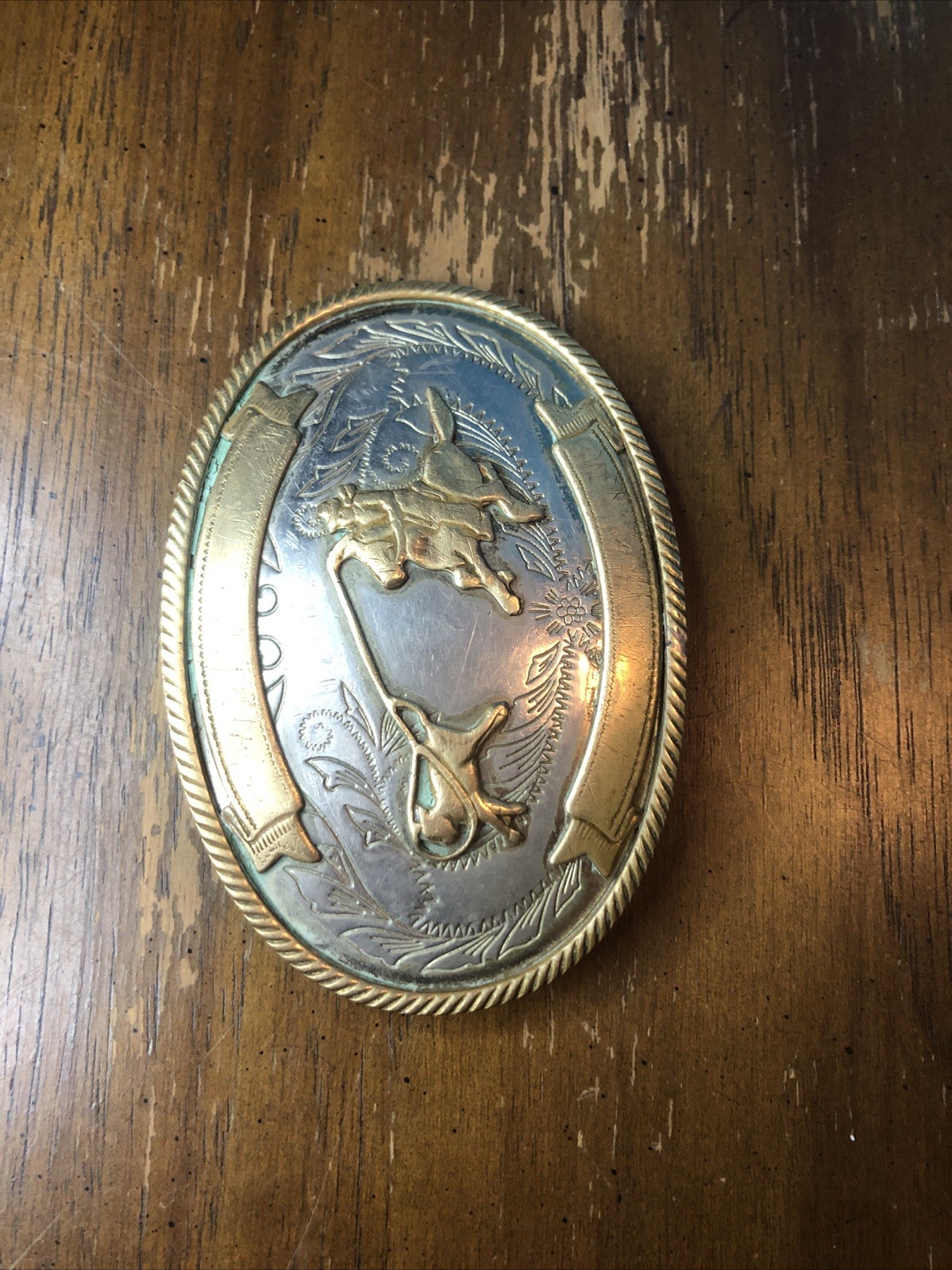 Vintage German Nickel Silver Calf Roping Rodeo Belt Buckle w/ Blank Ribbons