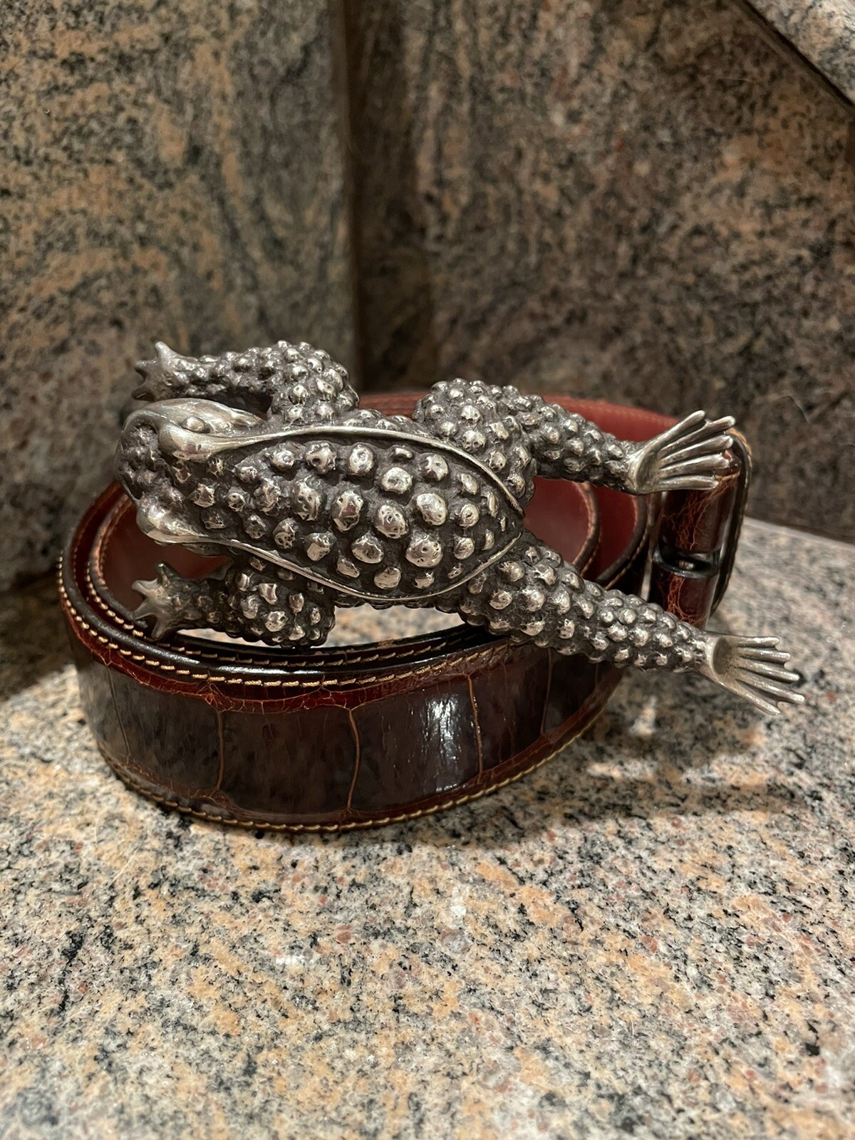 Huge Kieselstein-Cord Sterling Toad Buckle with Brown Alligator Belt Size 2