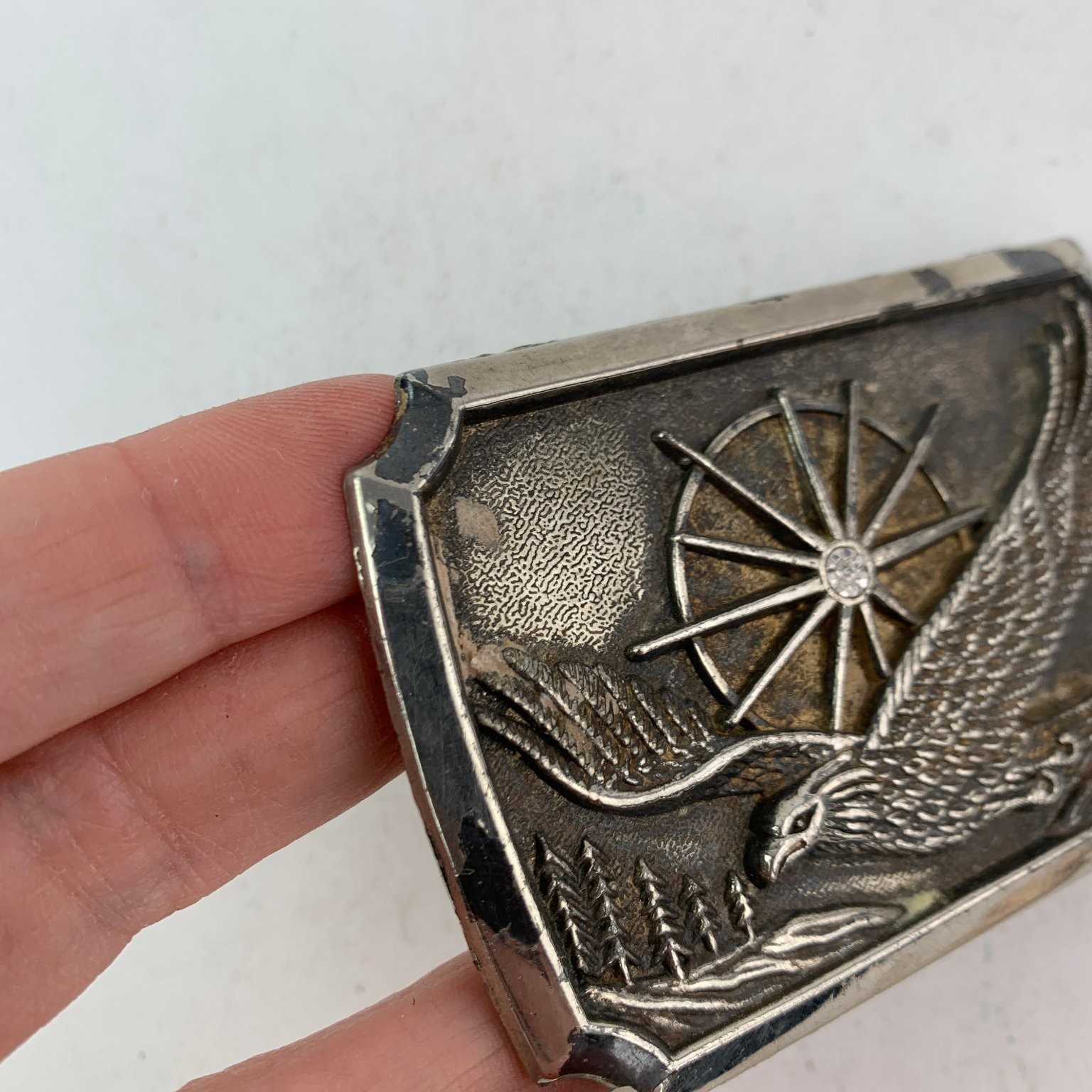 Eagle Belt Buckle Silver Tone Flying Bird Wheel Crystal Made in Hong Kong