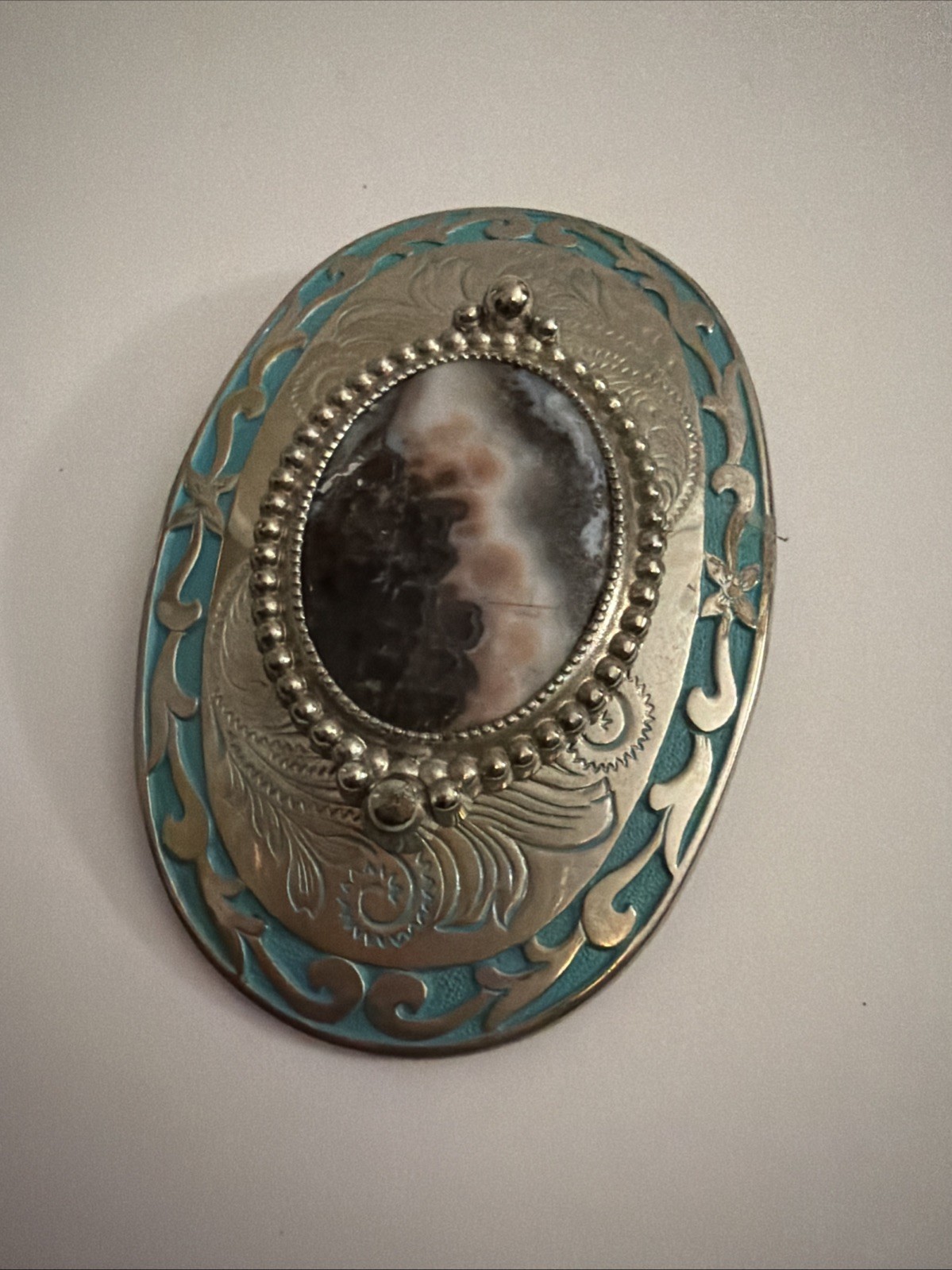 Southwestern Stone Belt Buckle Oval Floral Agate Western Silvertone