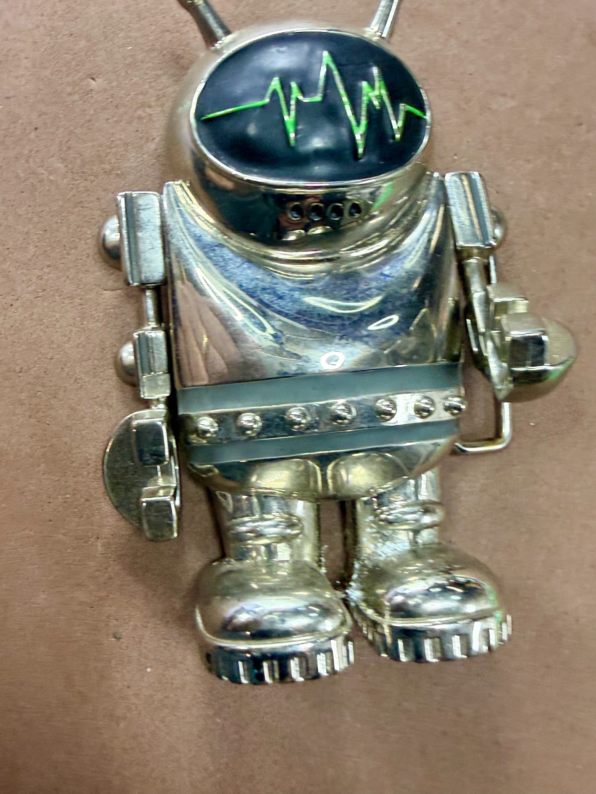 Outer Space Suit Alien Astronaut Chrome Figural Moving Arms Toy Like Belt Buckle