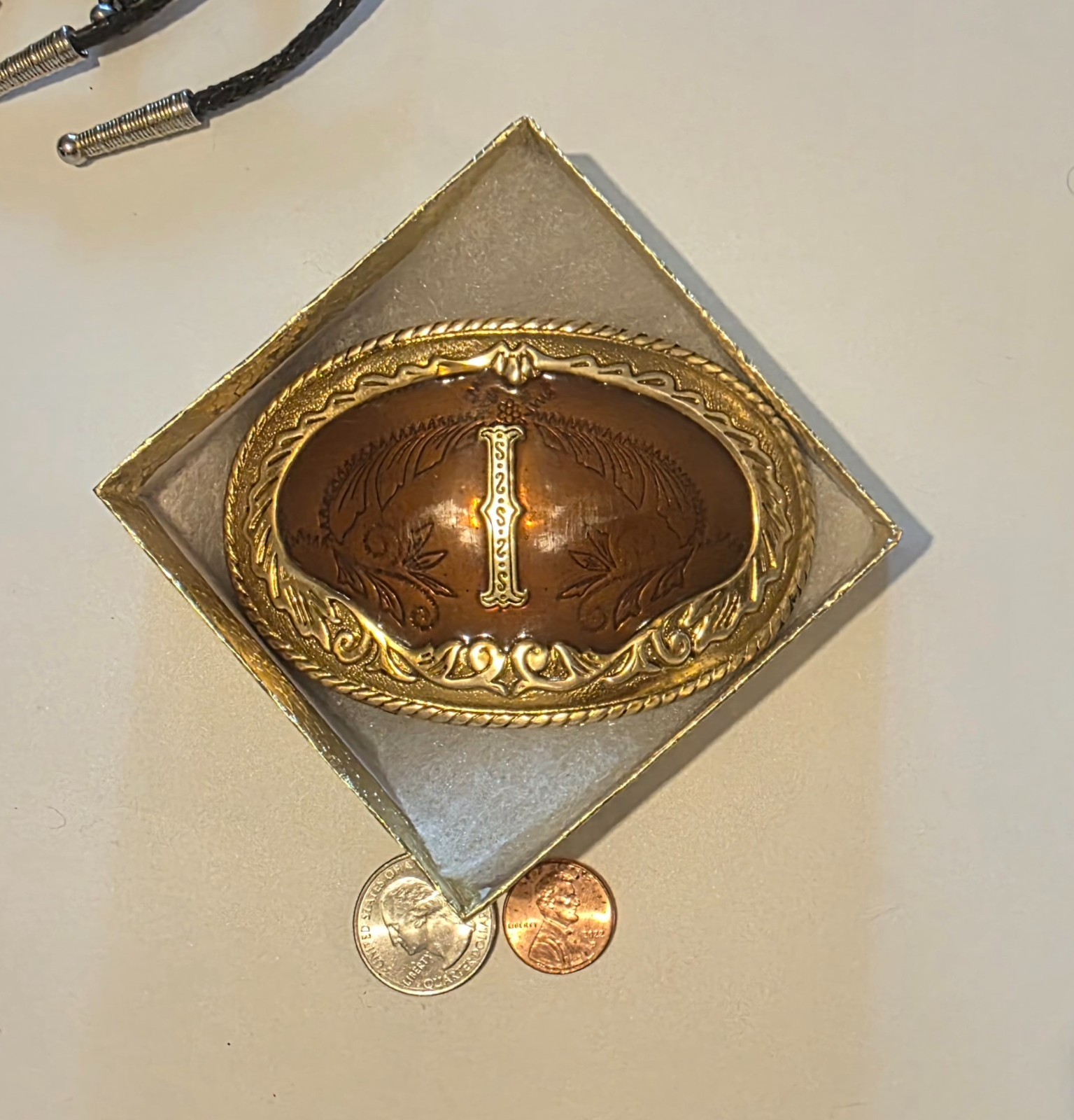 Vintage Metal Belt Buckle, Brass and Enamel, Letter I, Initial I, Nice German