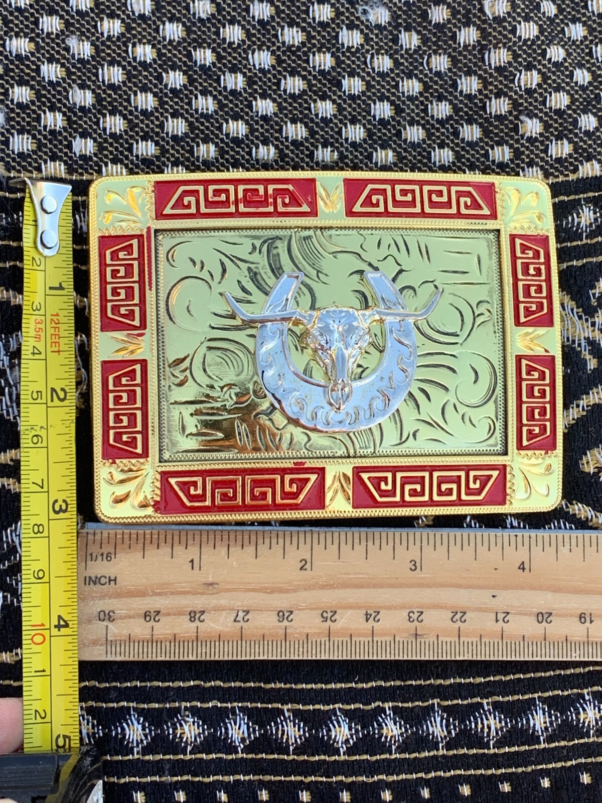 Western Buckle Red Gold Silver Longhorn Horse Shoe Cowboy 2 » Hebilla Vaquero