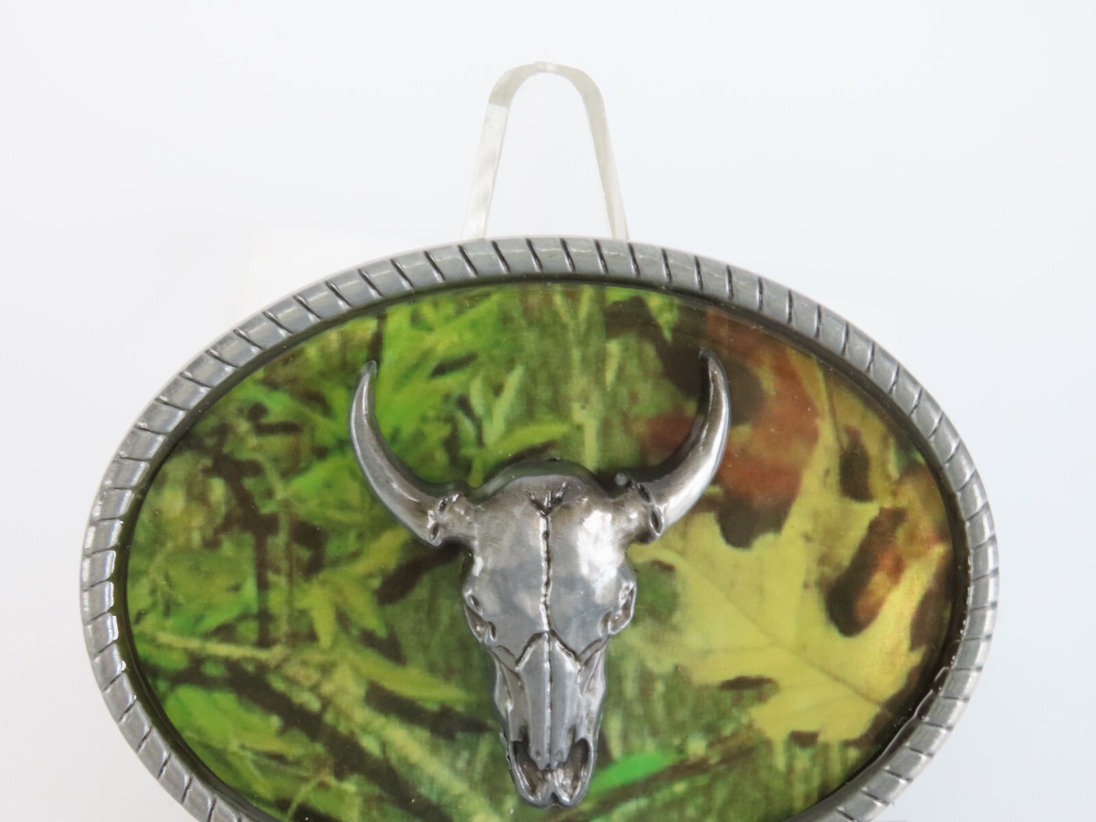 New Skull Bull Steer Cow Belt Buckle Green Camo Background in Package