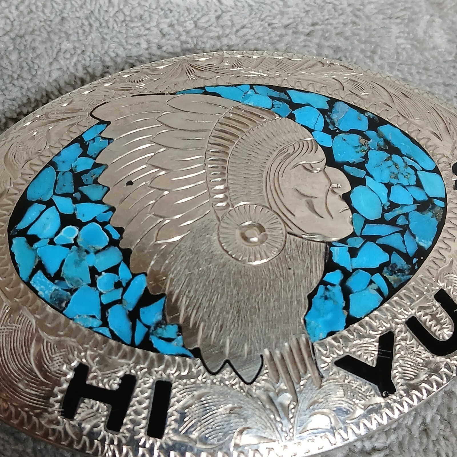Vintage 1986 HI YU Native American Chief Turquoise Chip Inlay Belt Buckle