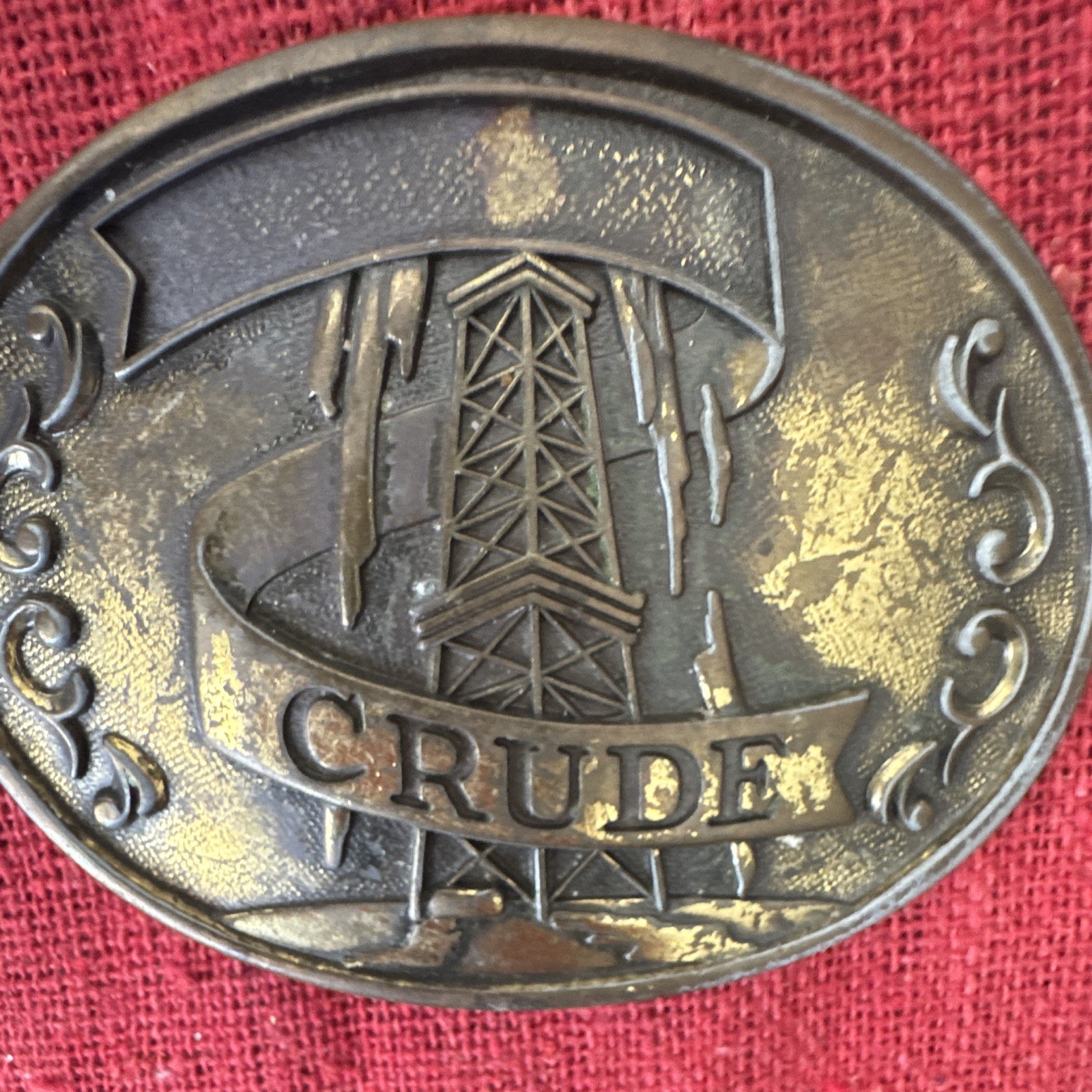Vintage CRUDE Oilfield Belt Buckle Oil Derrick Oil Rig Petroleum Bronze Tone