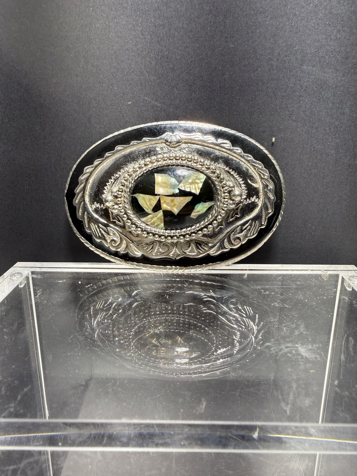 Ladies Western Oval Silver Tone Belt Buckle Black Inlay With Abalone