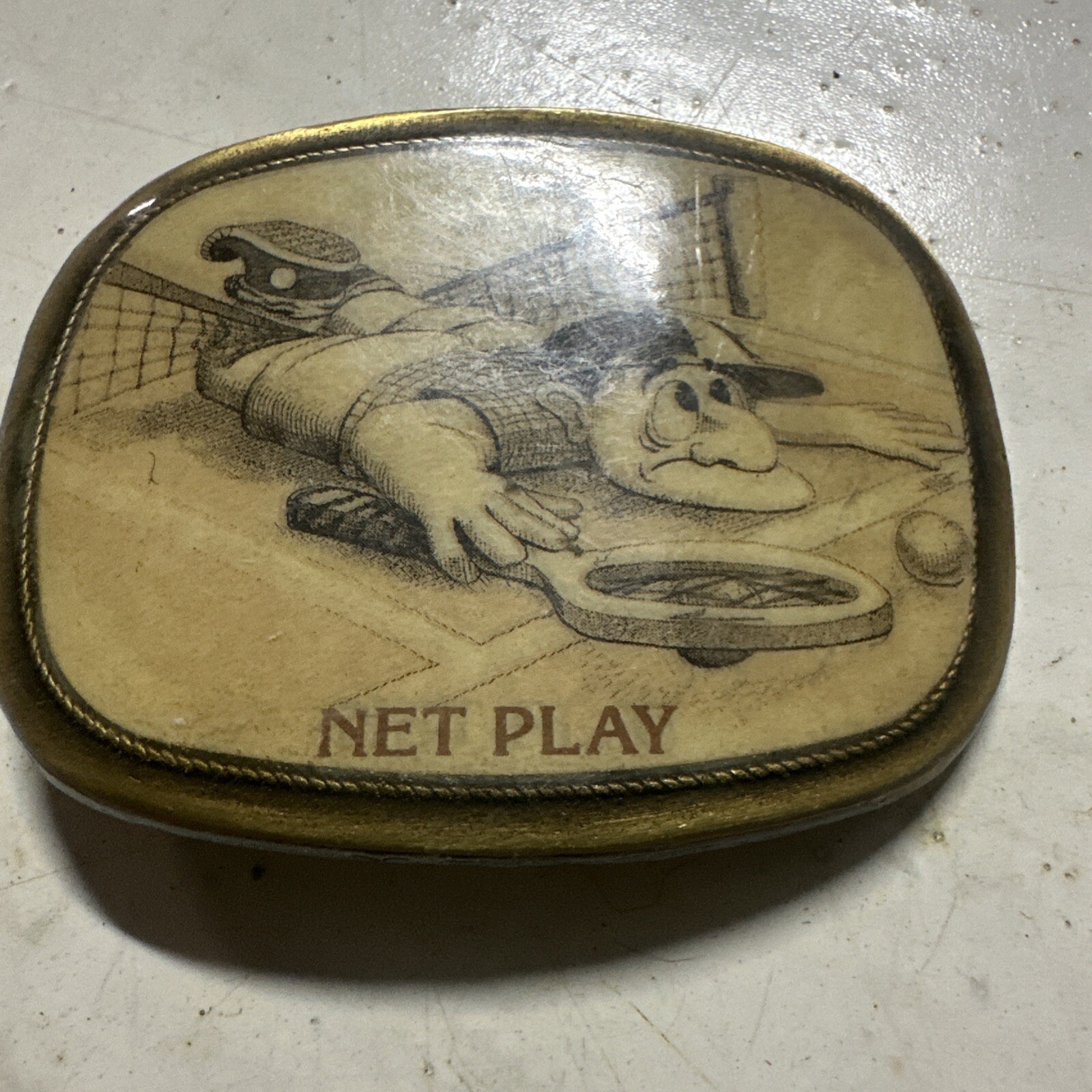 VINTAGE ANTIQUE METAL BELT BUCKLE- Playing Tennis Sport Net Play Cartoon Man Dad